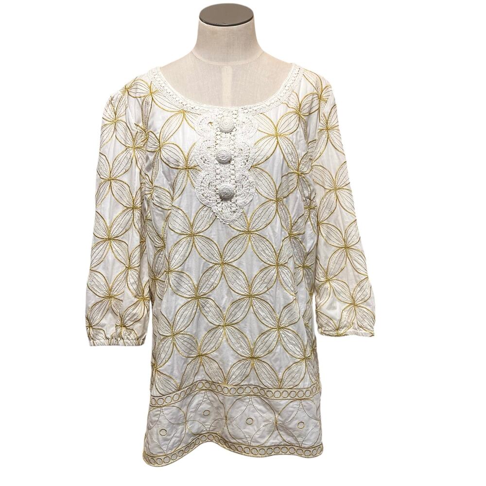 Lilly Pulitzer Womens Gold Embroidered 3/4 Sleeve Shannon Crochet Tunic Sz L